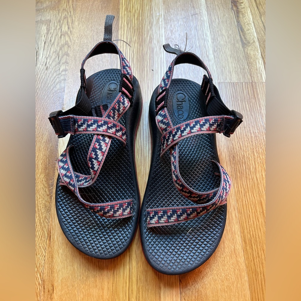 Chaco Red Navy and White Geometric Sandals